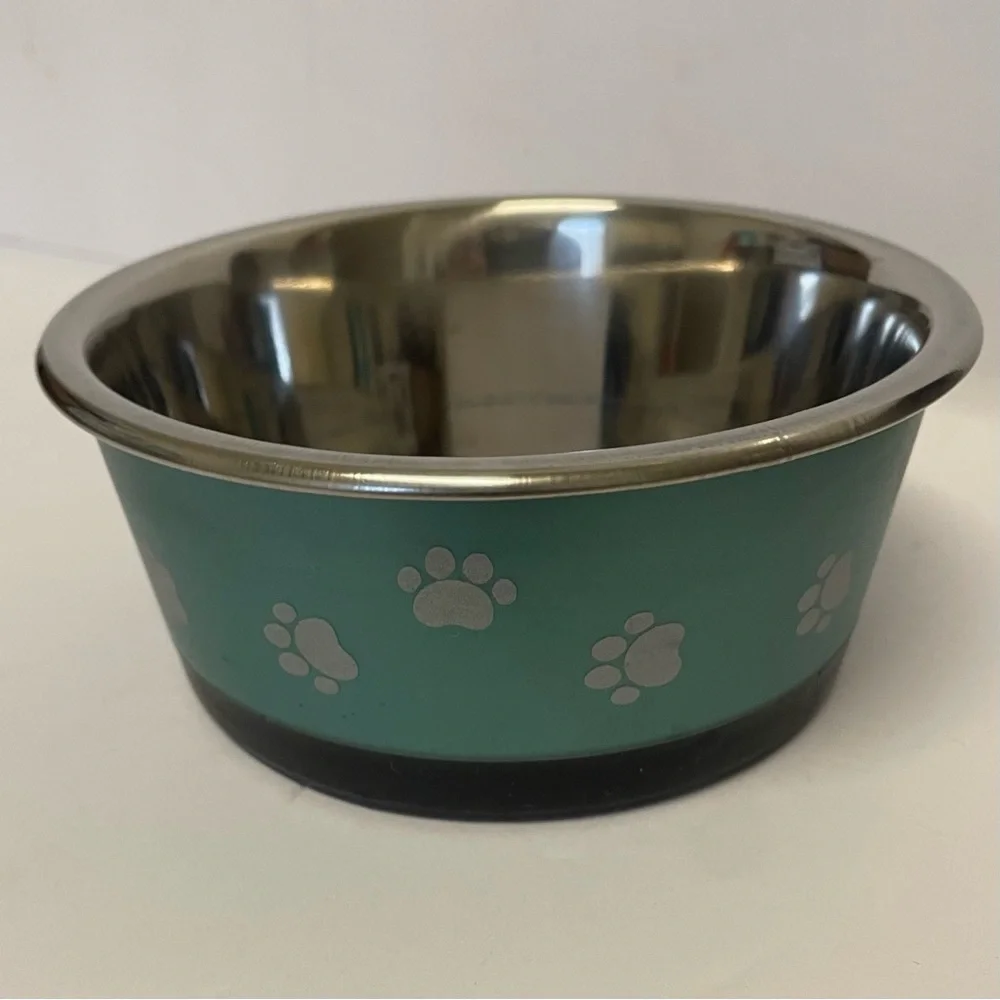 Petzone Teal-Green Paw Print Stainless Steel Dog Bowl Non-Skid - Small